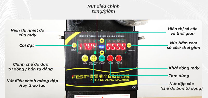 Bảng điều khiển của máy ép miệng ly Fest RC-95B