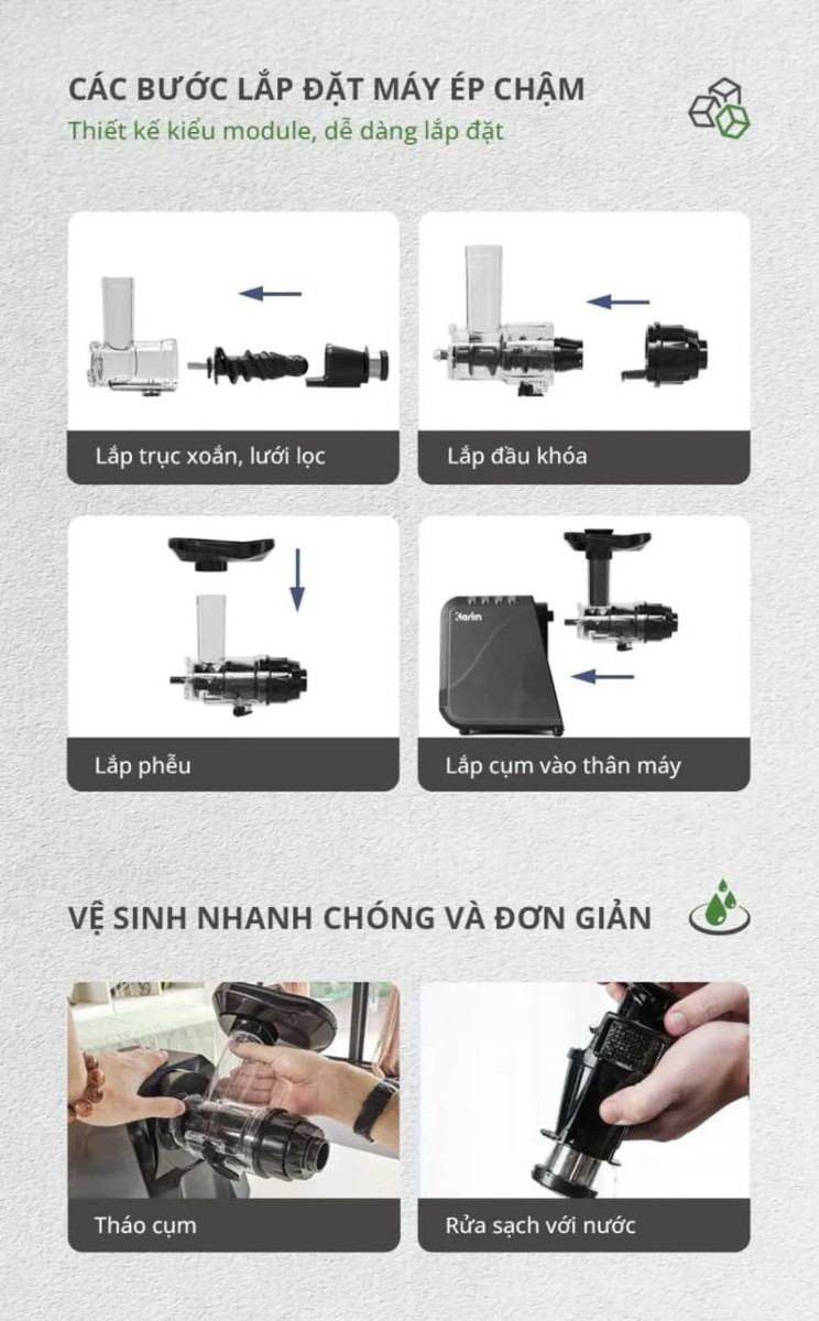 Hướng dẫn lắp đặt và vệ sinh máy ép chậm karlin x5