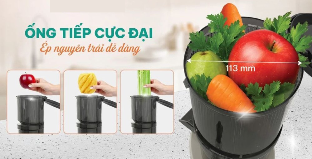 Ống tiếp nguyên liệu có kích thước 11.3cm, ép được trái cây nguyên quả