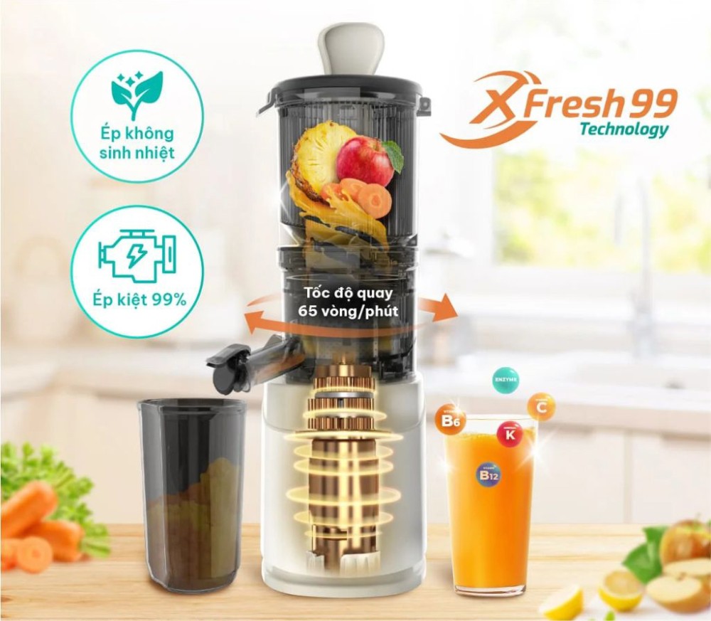 Công nghệ ép chậm trục vít, quay với tốc độ chỉ khoảng 55-65 vòng/phút.