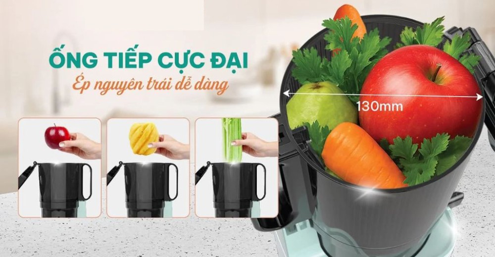 Ống tiếp nguyên liệu có đường kính rộng 13cm, ép được trái cây nguyên quả
