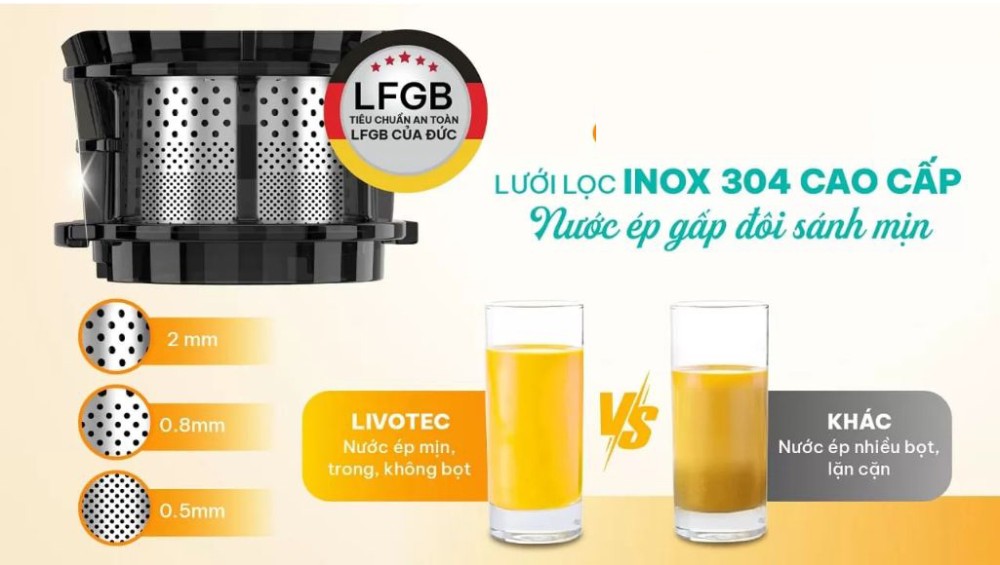  Lưới lọc bằng inox 304 không gỉ, lọc sạch các cặn bã cho ly nước ép sánh mịn