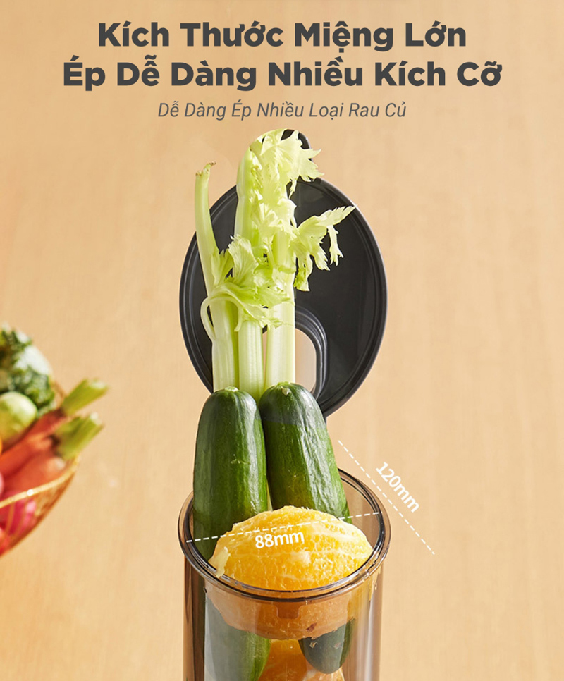 Ép nguyên quả không cần cắt nhỏ nhờ ống tiếp nguyên liệu lớn
