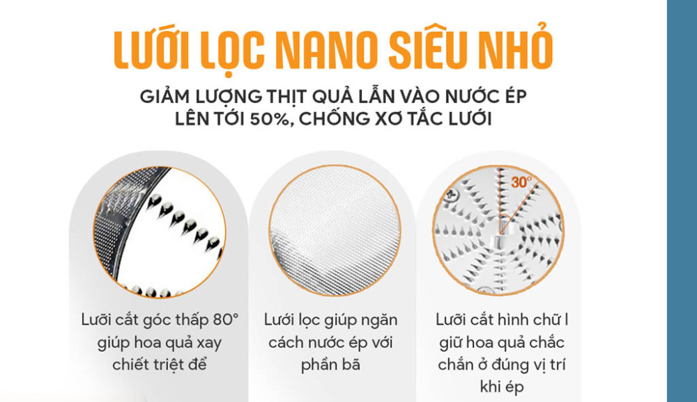 Lưới lọc inox siêu mịn, tách bã triệt để, cho nước ép trong, ít cặn.