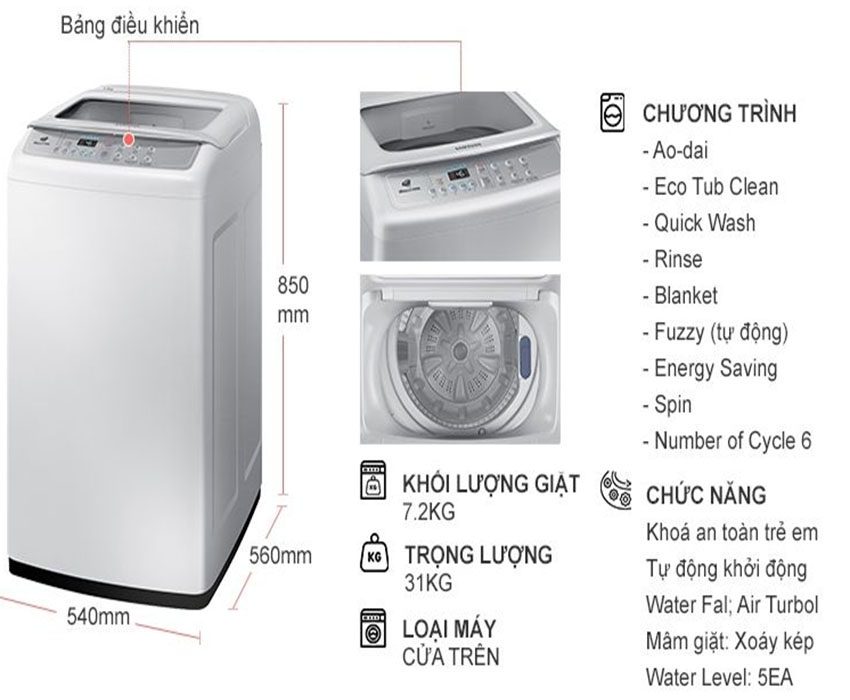 Máy giặt 7.2 kg Samsung WA72H4000SG - Hàng chính hãng