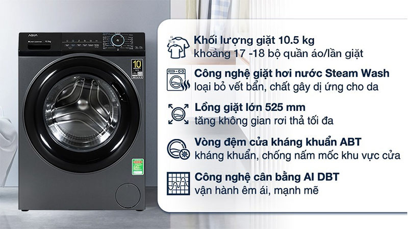 Máy giặt Inverter 10.5 kg Aqua AQD-A1052J.BK - Hàng chính hãng
