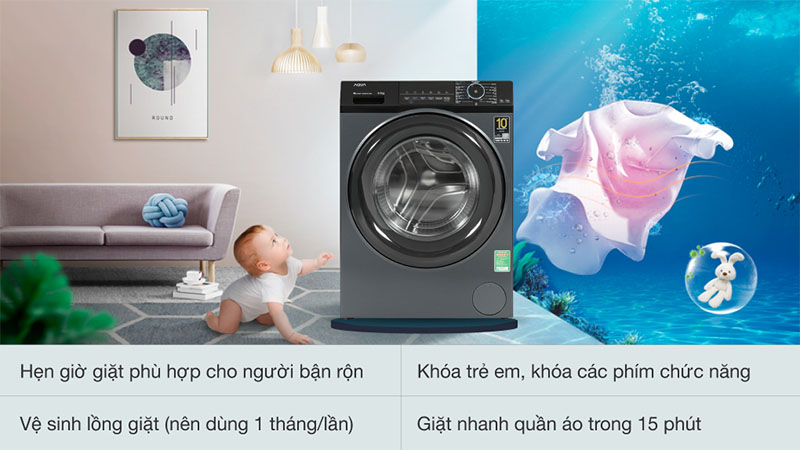 Máy giặt Inverter 8.5 kg Aqua AQD-A852J.BK - Hàng chính hãng