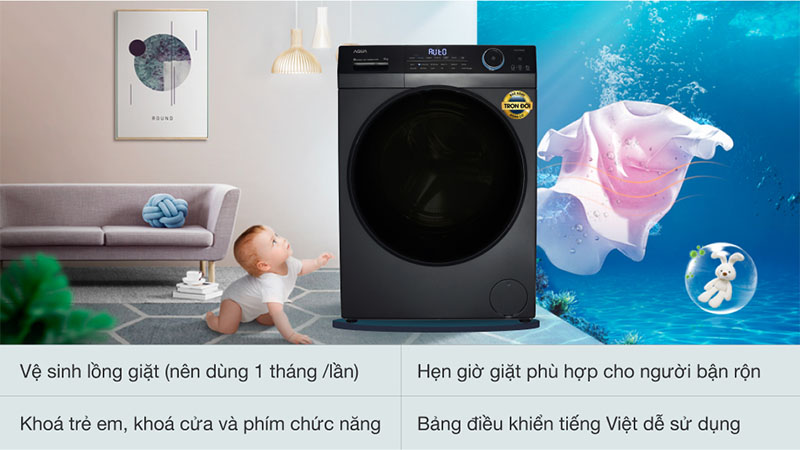 Máy giặt Inverter 9 kg Aqua AQD-D902G.BK - Hàng chính hãng