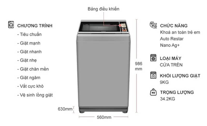 Máy giặt Aqua 9 Kg AQW-S90CT.S - Hàng chính hãng
