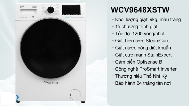 Máy giặt Beko Inverter 9 kg WCV9648XSTM - Hàng chính hãng