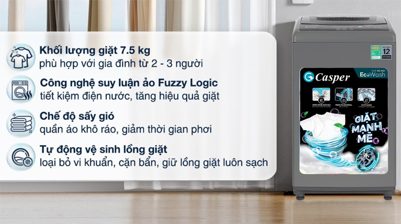 Máy giặt cửa trên Casper 7.5 kg WT-75NG1 - Hàng chính hãng