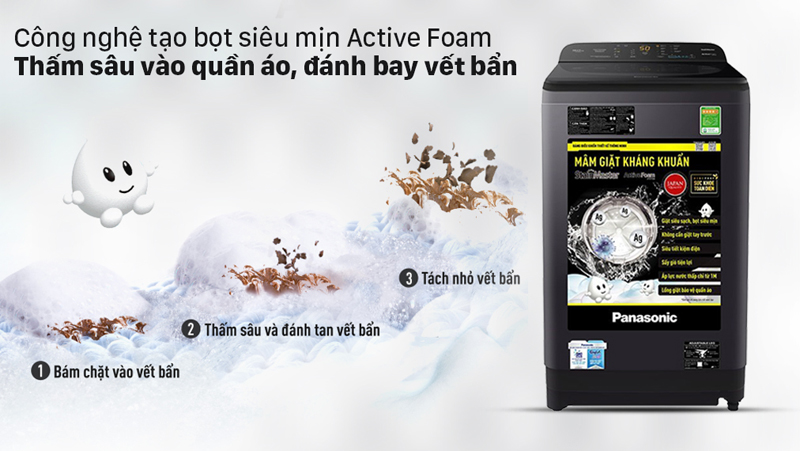Công nghệ giặt ActiveFoam tạo bọt siêu mịn, thấm sâu từng sợi vải loại bỏ vết bẩn cứng đầu