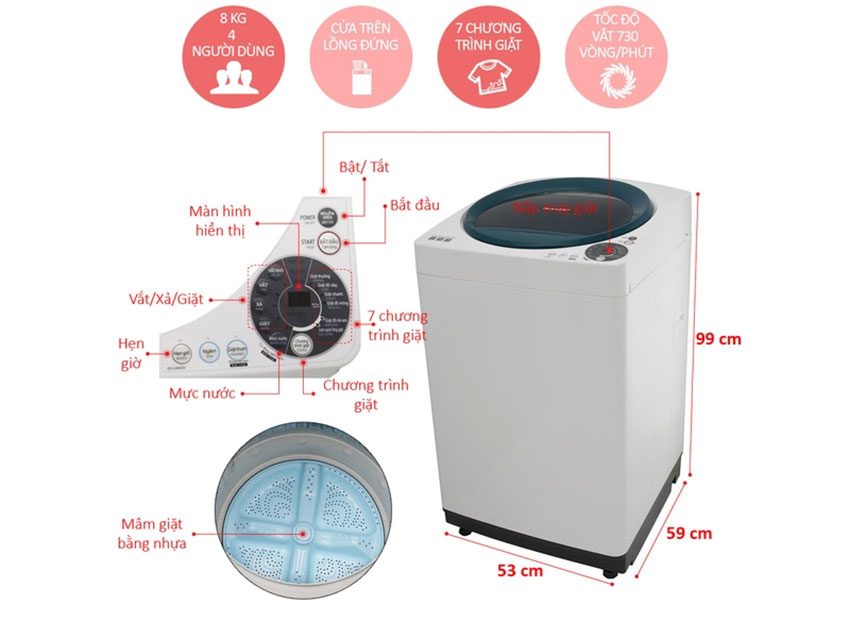 Chi tiết của máy giặt lồng đứng Sharp ES-U80GV-G