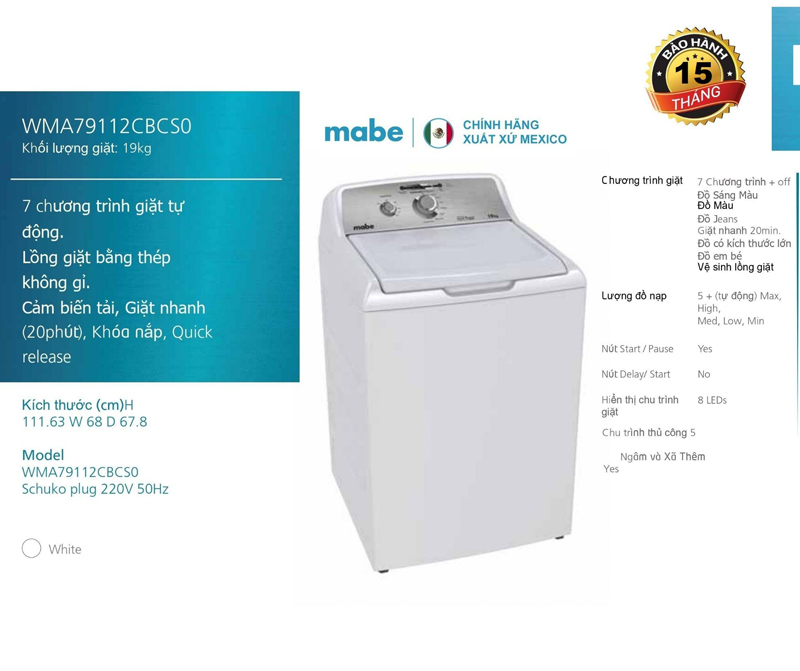 Máy giặt quần áo Mabe WMA79112CBCS0 - Hàng chính hãng