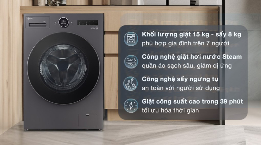 Máy giặt sấy LG inverter giặt 15 kg - sấy 8 kg F2515RNTG - Hàng chính hãng