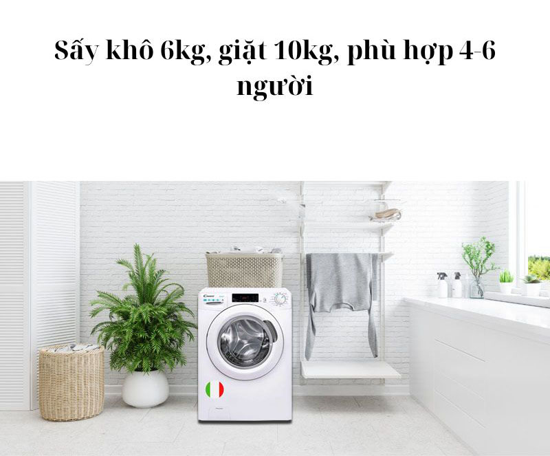 Khối lượng giặt lên đến 10 kg và khối lượng sấy là 6 kg, phù hợp gia đình 4-6 người