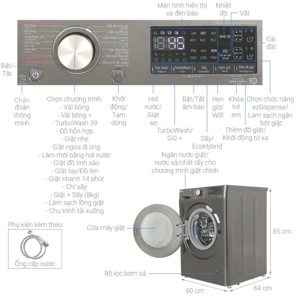 Máy giặt sấy LG inverter  FV1414H3BA - Hàng chính hãng