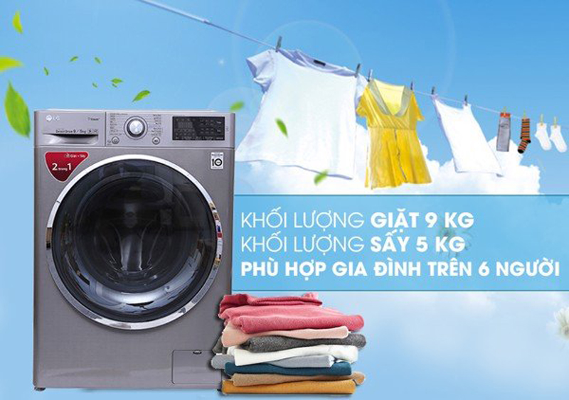 Khối lượng giặt 9 kg, sấy 5kg  thích hợp cho gia đình có 4 - 6 người
