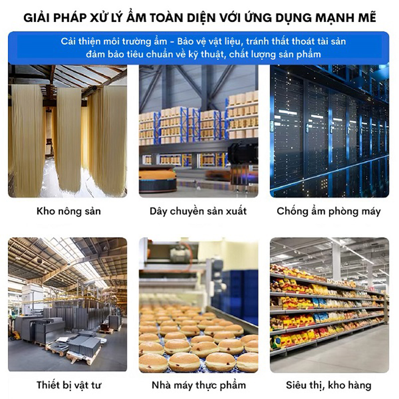 Máy hút ẩm chuyên sử dụng để bảo vệ các mặt hàng như: vải, gỗ, giấy, kim loại, thiết bị linh kiện điện tử,... 
