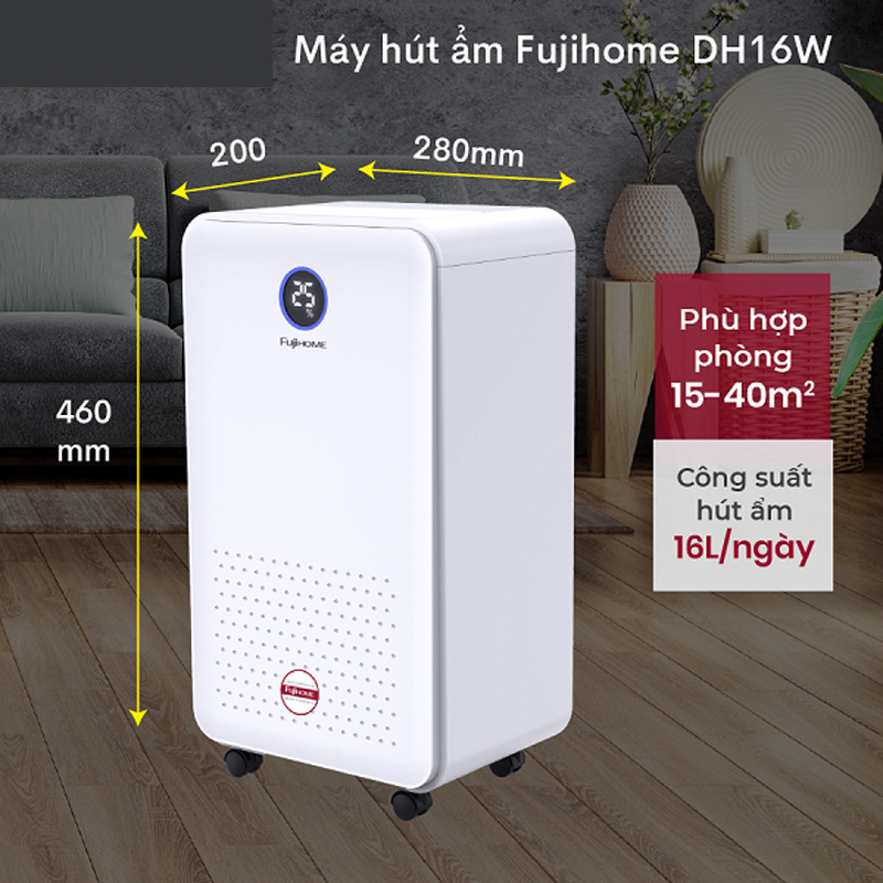 Khả năng hút ẩm 16 lít/ ngày, phù hợp với phòng có diện tích 15-40m2