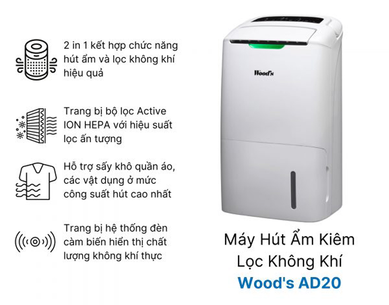 Máy hút ẩm kiêm lọc không khí Wood’s AD20 - Hàng chính hãng