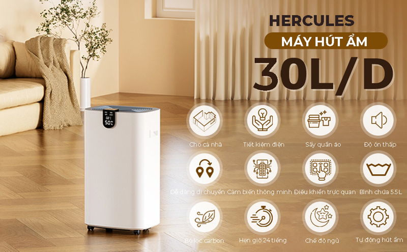 Công suất hút ẩm 30L/ngày, phù hợp cho diện tích từ 100 đến 125m²