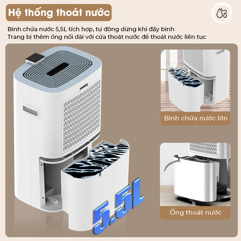 Dung tích bình chứa nước thải 5.5L thoải mái để sử dụng qua đêm mà không lo bình nước bị đầy