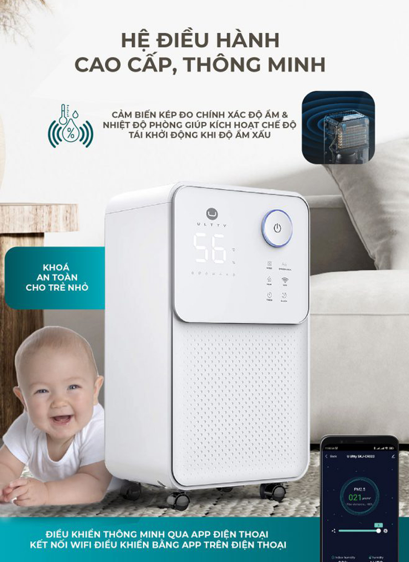 Bạn có thể điểu khiển từ xa, hẹn giờ bật, hẹn giờ tắt, điều chỉnh tốc độ gió, các chế độ hút ẩm,... thông qua áp điện thoại