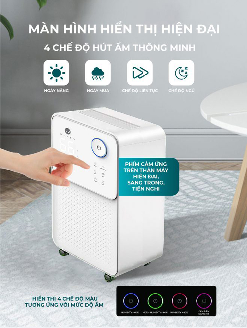 Có đèn led chiếu sáng hiển thị 4 chế độ màu tương ứng với mức độ ẩm ở trong phòng