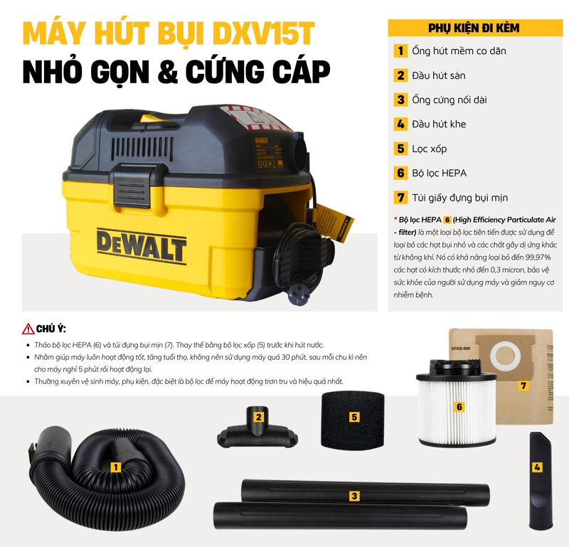 Máy hút bụi 3 chức năng DeWalt DXV15T - Hàng chính hãng