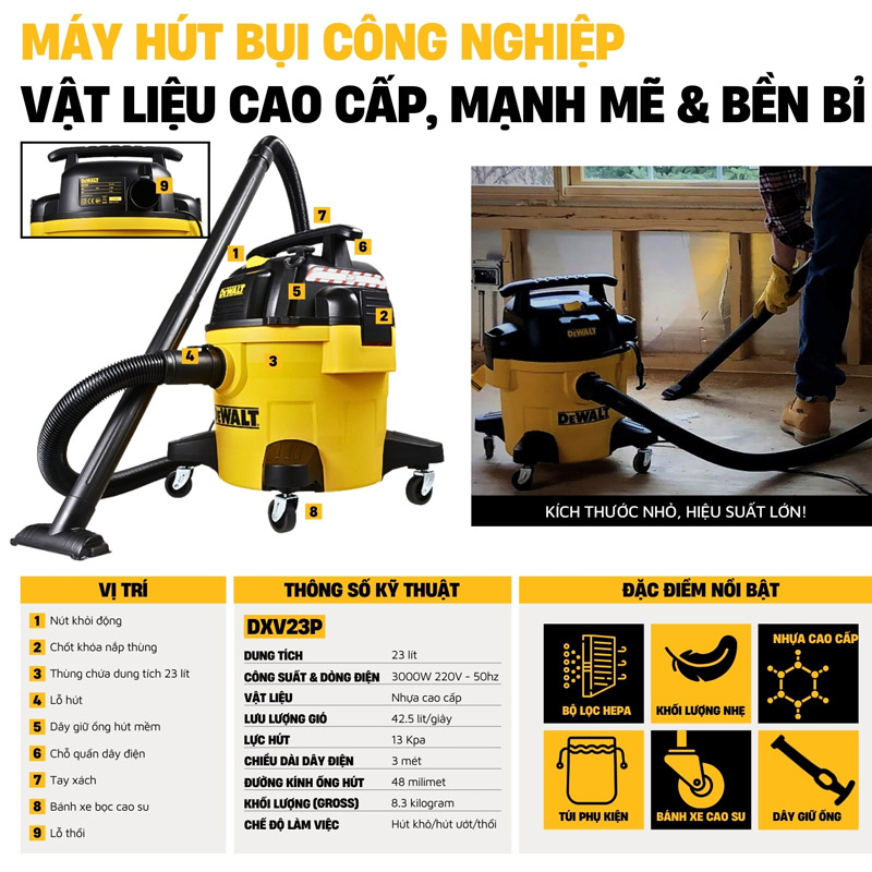 Máy hút bụi 3 chức năng Dewalt DXV23P - Hàng chính hãng