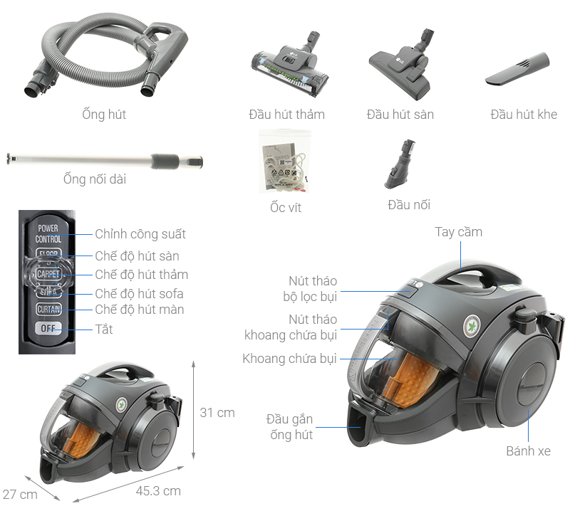 Máy hút bụi cắm dây LG VK8320GHAUQ - Hàng chính hãng