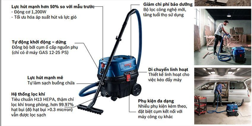 Chi tiết tính năng của máy hút bụi công nghiệp Bosch GAS 12-25 PS