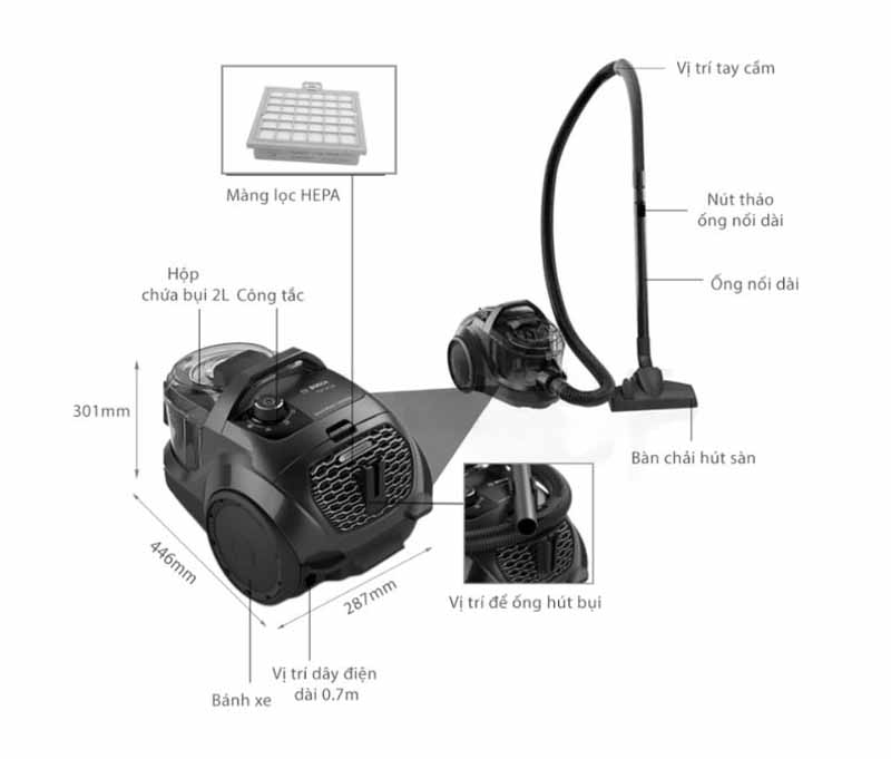 Máy hút bụi dạng hộp Bosch BGS21WX100 - Hàng chính hãng