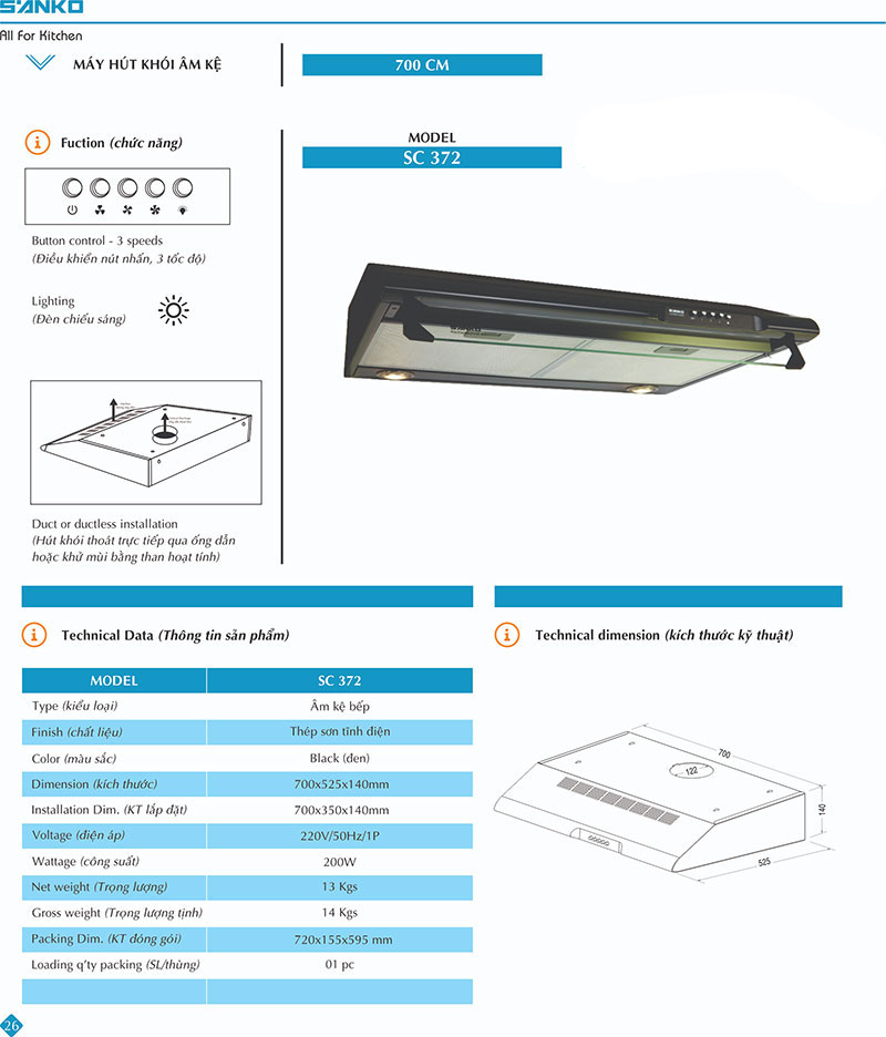 Máy hút khói khử mùi Sanko SC-372 - Hàng chính hãng
