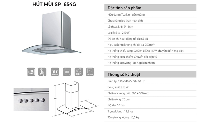 Máy hút mùi kính cong Spelier SP654G - Hàng chính hãng