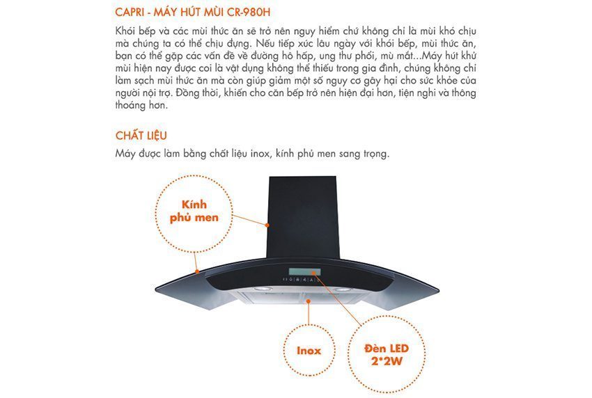 Máy hút khói khử mùi Capri CR-980H - Hàng chính hãng