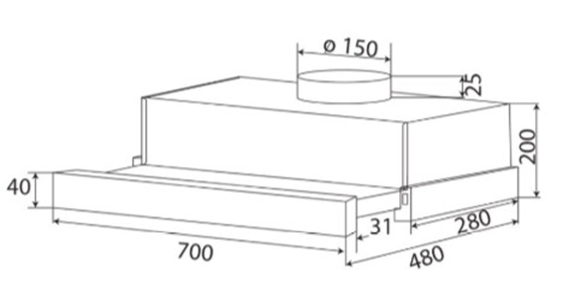 Kích thước của máy hút mùi âm tủ Kaff TL-800ST
