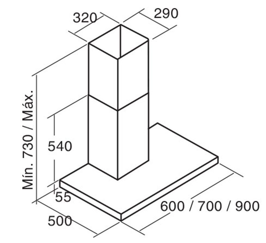 Kích thước của máy hút mùi áp tường Cata S PLUS 600 X
