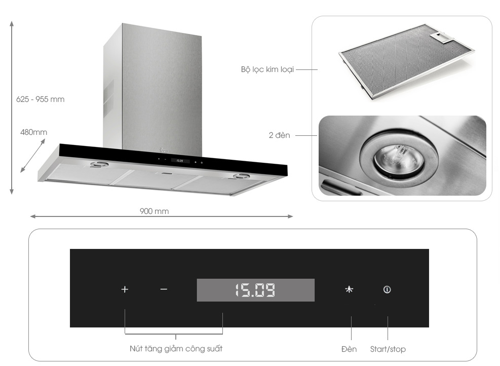 Chi tiết của máy hút mùi áp tường Teka DH-985T