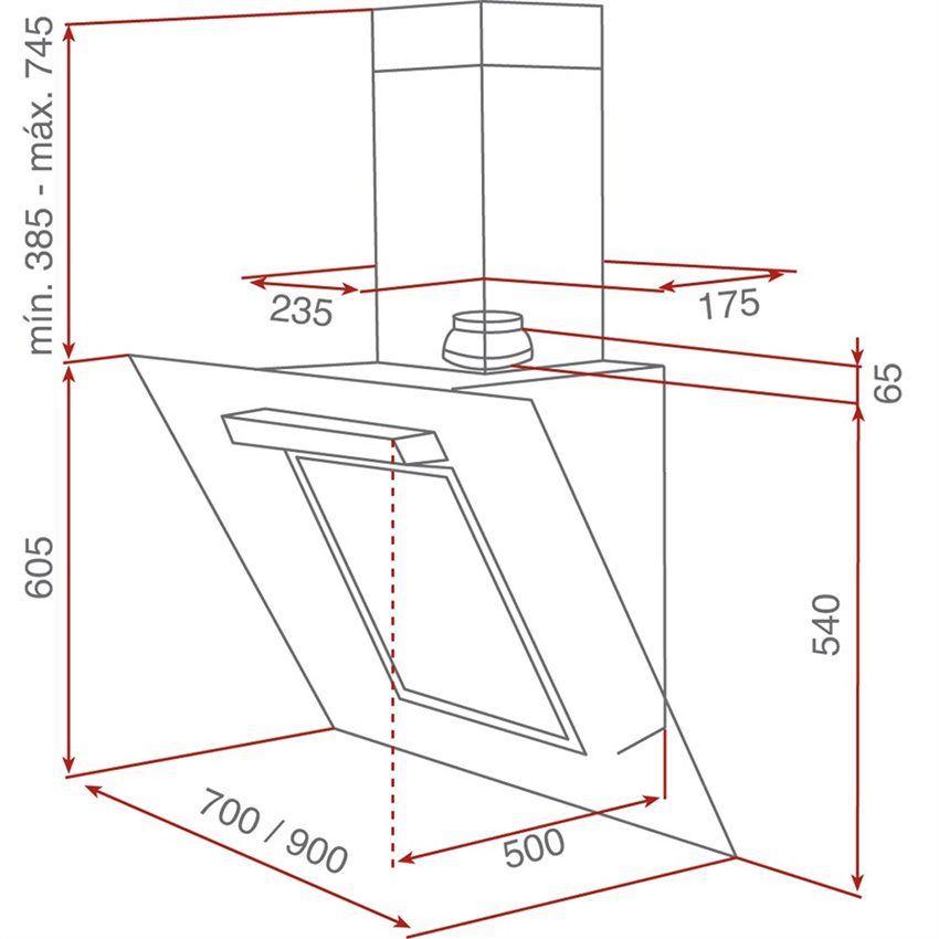 Kích thước của máy hút mùi áp tường Teka DQ-90 Glass