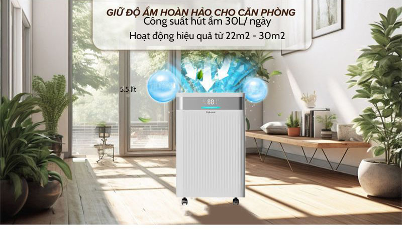 Khả năng hút ẩm mạnh mẽ 30 lít/ngày giúp không gian khô thoáng nhanh chóng