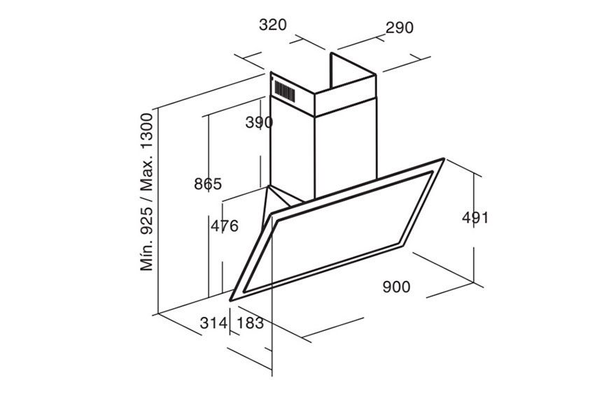 Kích thước của máy hút mùi gắn tường Cata AURA 900 BK