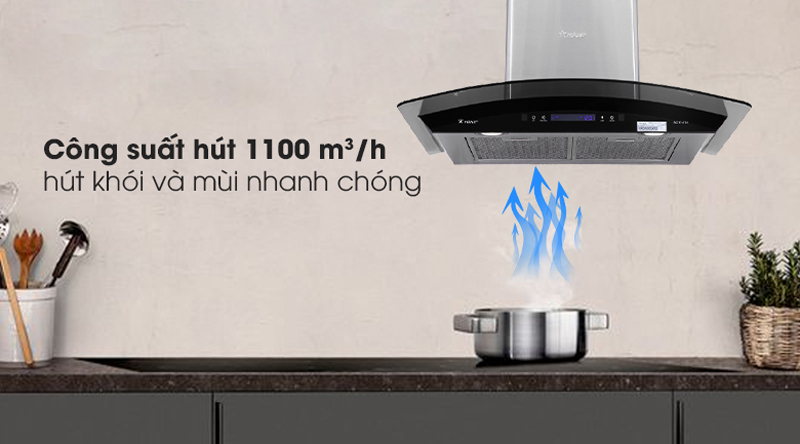 Công suất hút lên đến 1100 m³/h, hút sạch mùi hôi, dầu mỡ