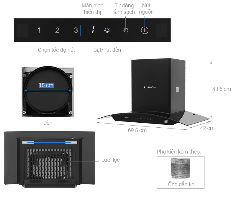 Máy hút mùi kính cong Pramie AC23-700 - Hàng chính hãng