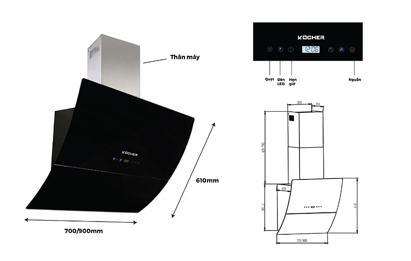 Kích thước của máy hút mùi kính vát Kocher K-2080E-70