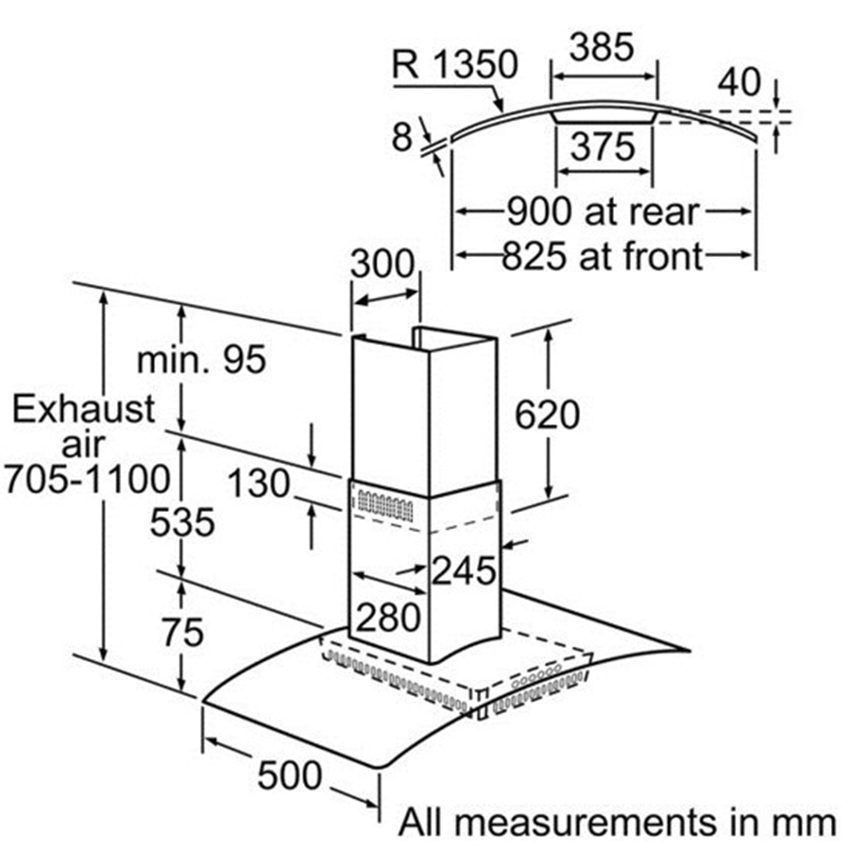 Kích thước chi tiết của máy hút mùi ống khói Bosch DWA096550