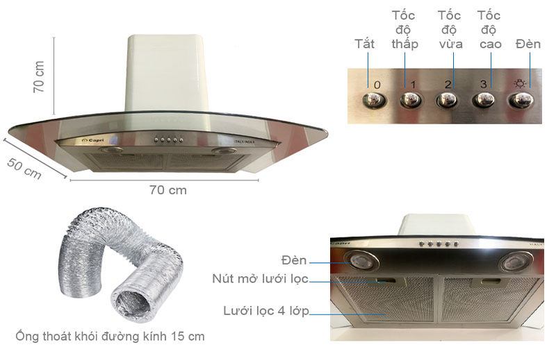 Máy hút mùi tum kính Capri CR-608H - Hàng chính hãng