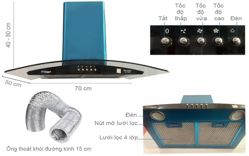 Máy hút mùi tum kính Capri CR-626H - Hàng chính hãng