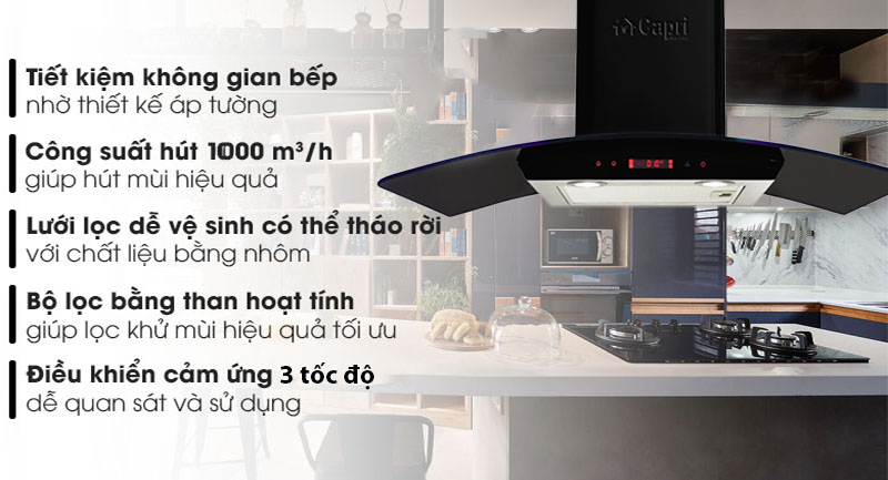 Máy hút mùi tum kính Capri CR-988H - Hàng chính hãng